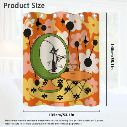Retro Flower Power Pop Of Orange, Fun Funky Atomic Cat In Egg Chair Blackout Curtains 2 pcs - Mid Century Modern Gal