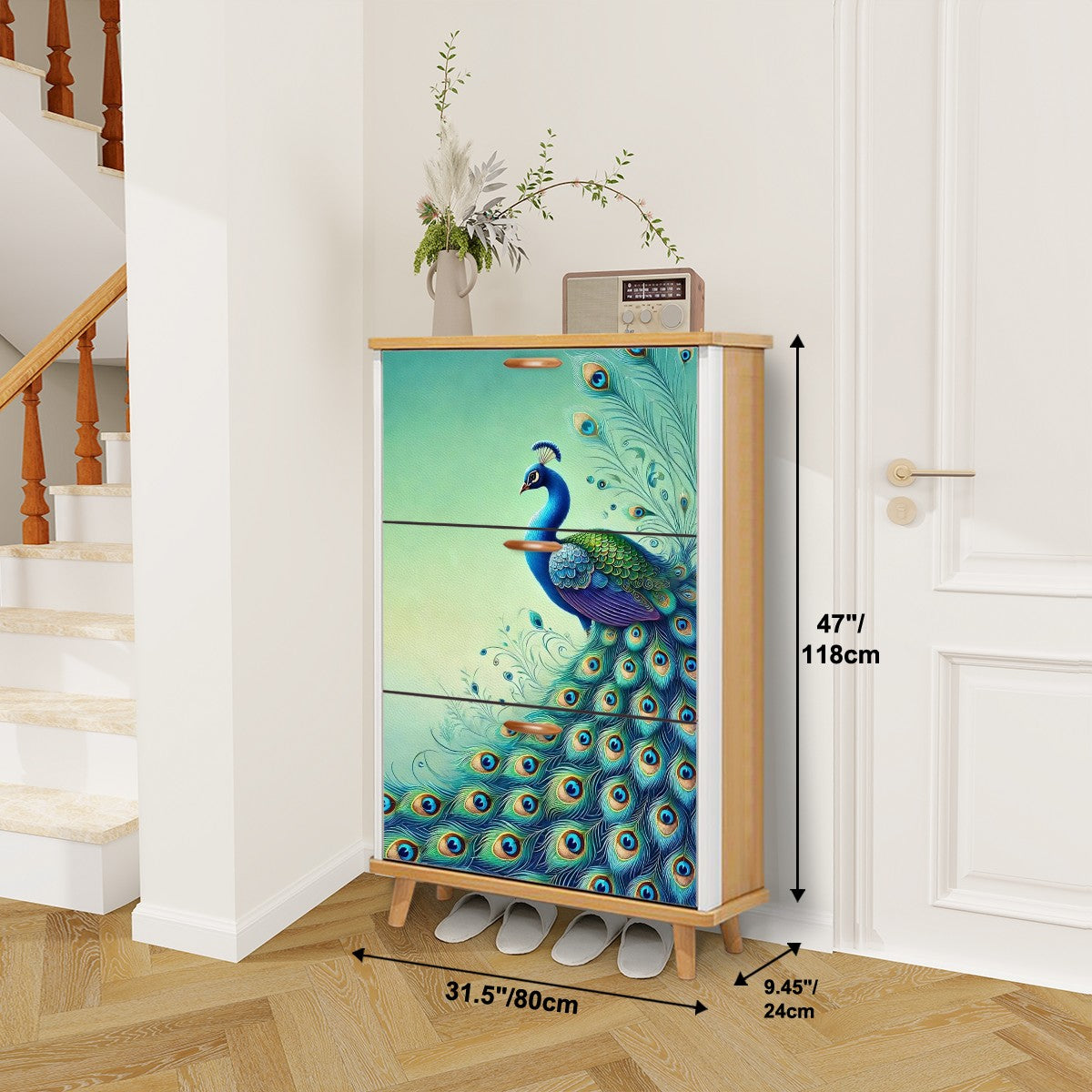 Peacock Watercolor Chinoserie Designed Blue Green, Modern Shoe Cabinet - Mid Century Modern Gal