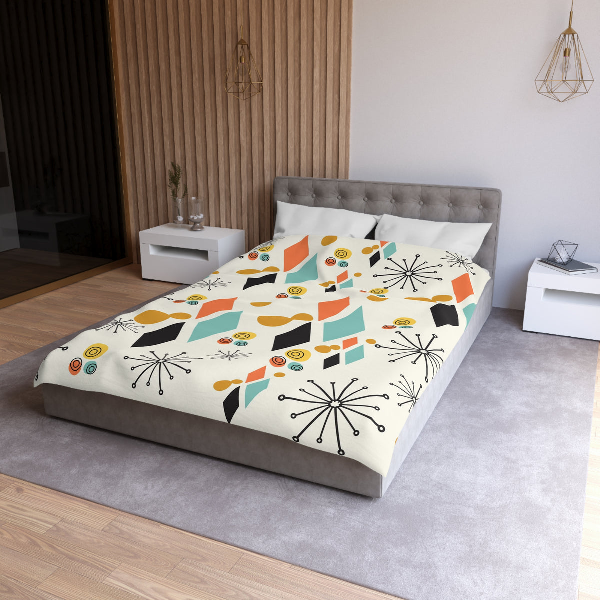 Mid Century Modern Bedding,  Atomic Diamond, Sputnik,Beige, Aqua, Coral,Mustard Yellow, Retro Mod Duvet Covers - Mid Century Modern Gal