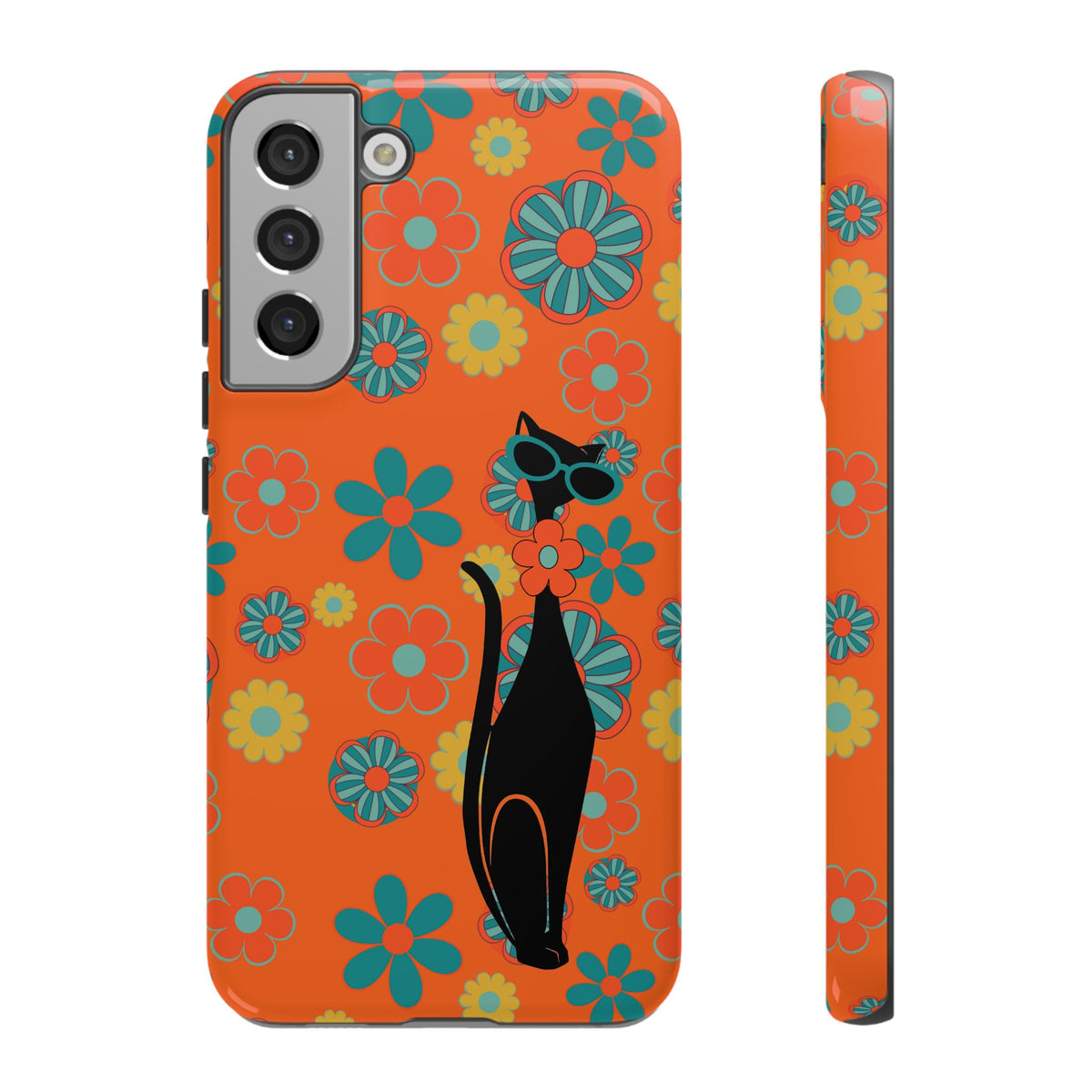 Flower Power, Retro Groovy Atomic Cat, Hipster Style Orange Samsung Galaxy and Google Pixel Tough Cases - Mid Century Modern Gal
