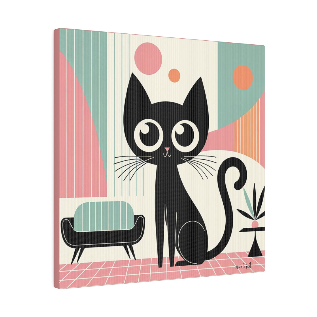 Mid Century Modern Atomic Kitty Cat, Pink, Kitschy Mod Matte Canvas