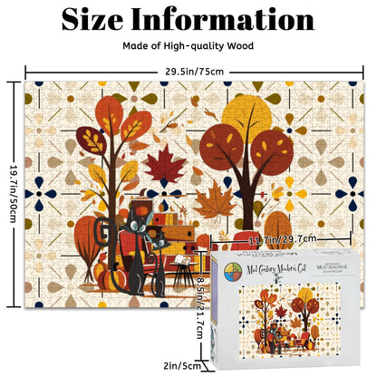 Atomic Cat Wooden Jigsaw Puzzle In Modern Scandinavian Floral Harvest Decor - Mid Century Modern Gal