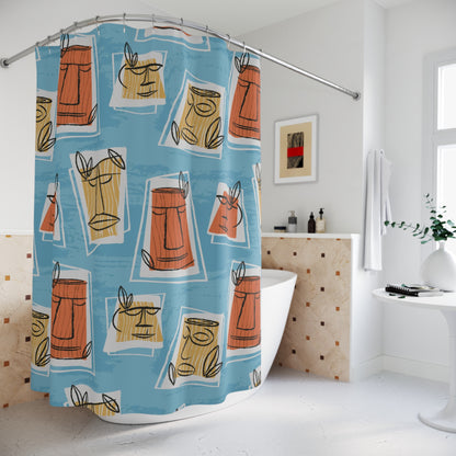 Mid Century Modern Tiki Man, Retro Blue, Yellow, Terracotta Shower Curtain - Mid Century Modern Gal