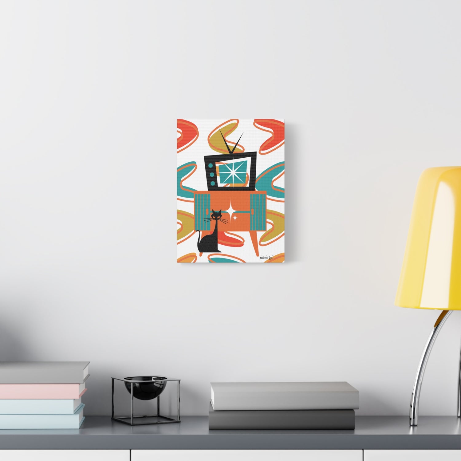 Atomic Cat Wall Art, Mid Century Modern Boomerang Kitschy Colorful Retro Cat Art Canvas - Mid Century Modern Gal