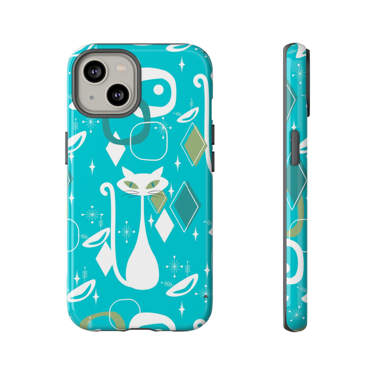 Atomic Cat Space Designs, Mid Century Modern, Aqua, White Kitschy Cat Tough Phone Case