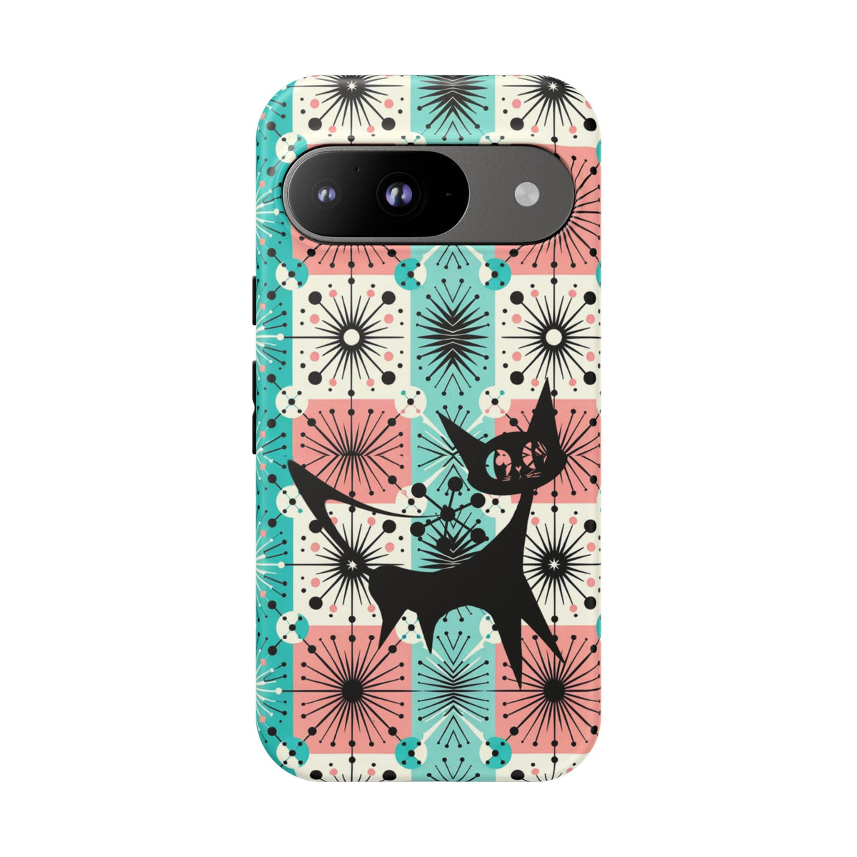 Atomic Kitschy Cat, Mid Century Modern Pink, Aqua Starbursts Tough Phone Case