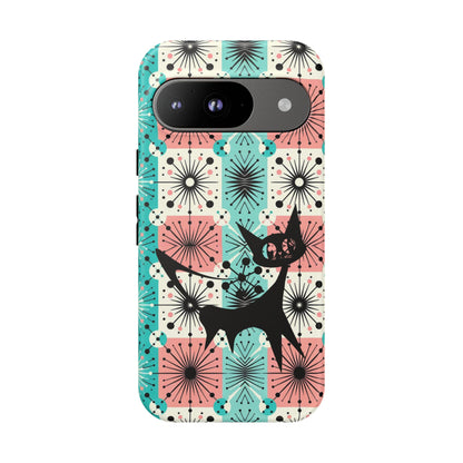 Atomic Kitschy Cat, Mid Century Modern Pink, Aqua Starbursts Tough Phone Case