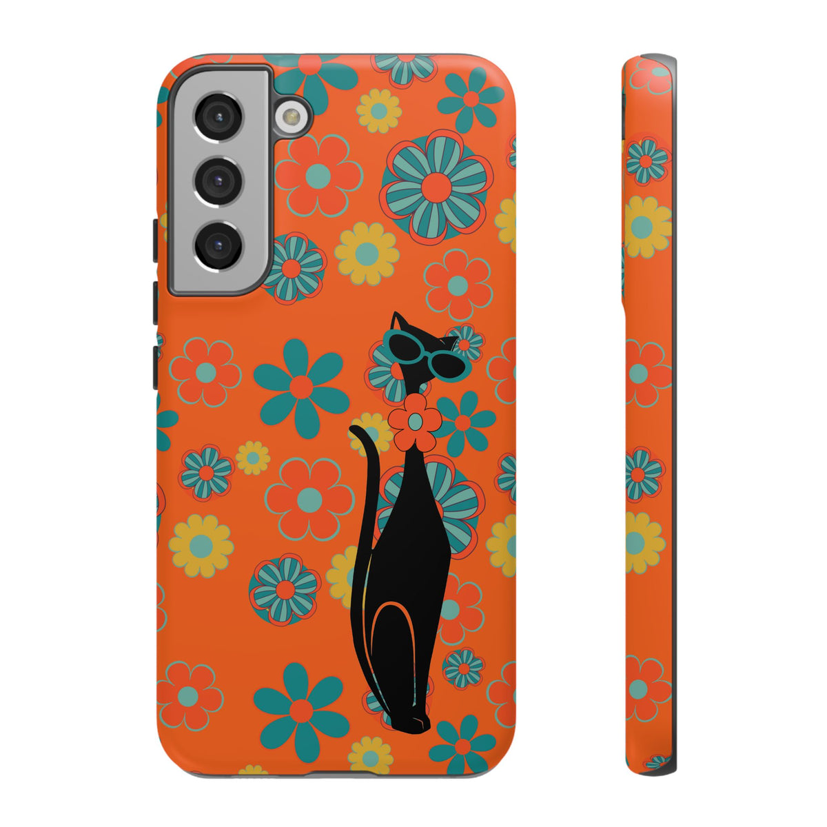 Flower Power, Retro Groovy Atomic Cat, Hipster Style Orange Samsung Galaxy and Google Pixel Tough Cases - Mid Century Modern Gal