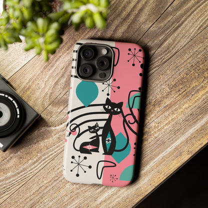 Mid Mod Atomic Cat Boomerang Starburst, Pink, Black Kitschy Stylish Cat Phone Case: Modern Design for Cat Lovers