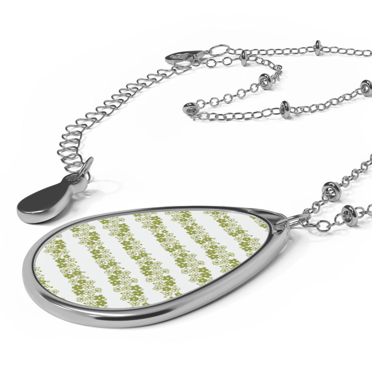 Pyrex Crazy Daisy Spring Blossom Pyrex Lover Gift Oval Necklace with Green Floral Design - Mid Century Modern Gal