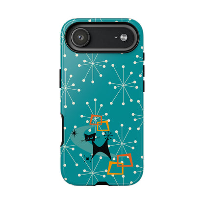 Atomic Space Cat, Starburst Blue, Retro Groovy Smart Phone Tough Phone Cases