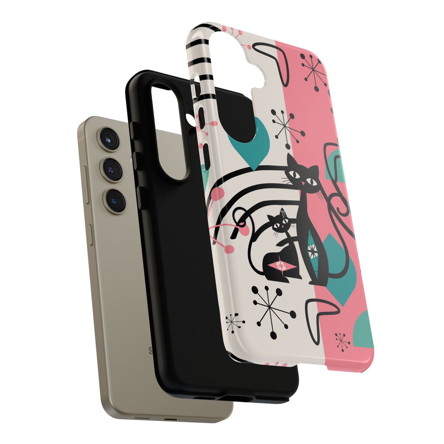 Mid Mod Atomic Cat Boomerang Starburst, Pink, Black Kitschy Stylish Cat Phone Case: Modern Design for Cat Lovers