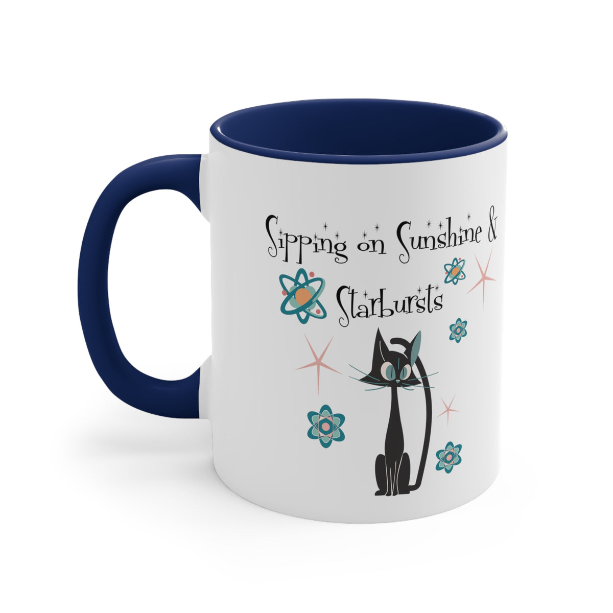 Atomic Cat Coffee Mug, Sipping On Sunshine, Mid Century Modern Style, Atoms, Starbursts Gifts For Couples, Mom, Mid Mod Friend - Mid Century Modern Gal