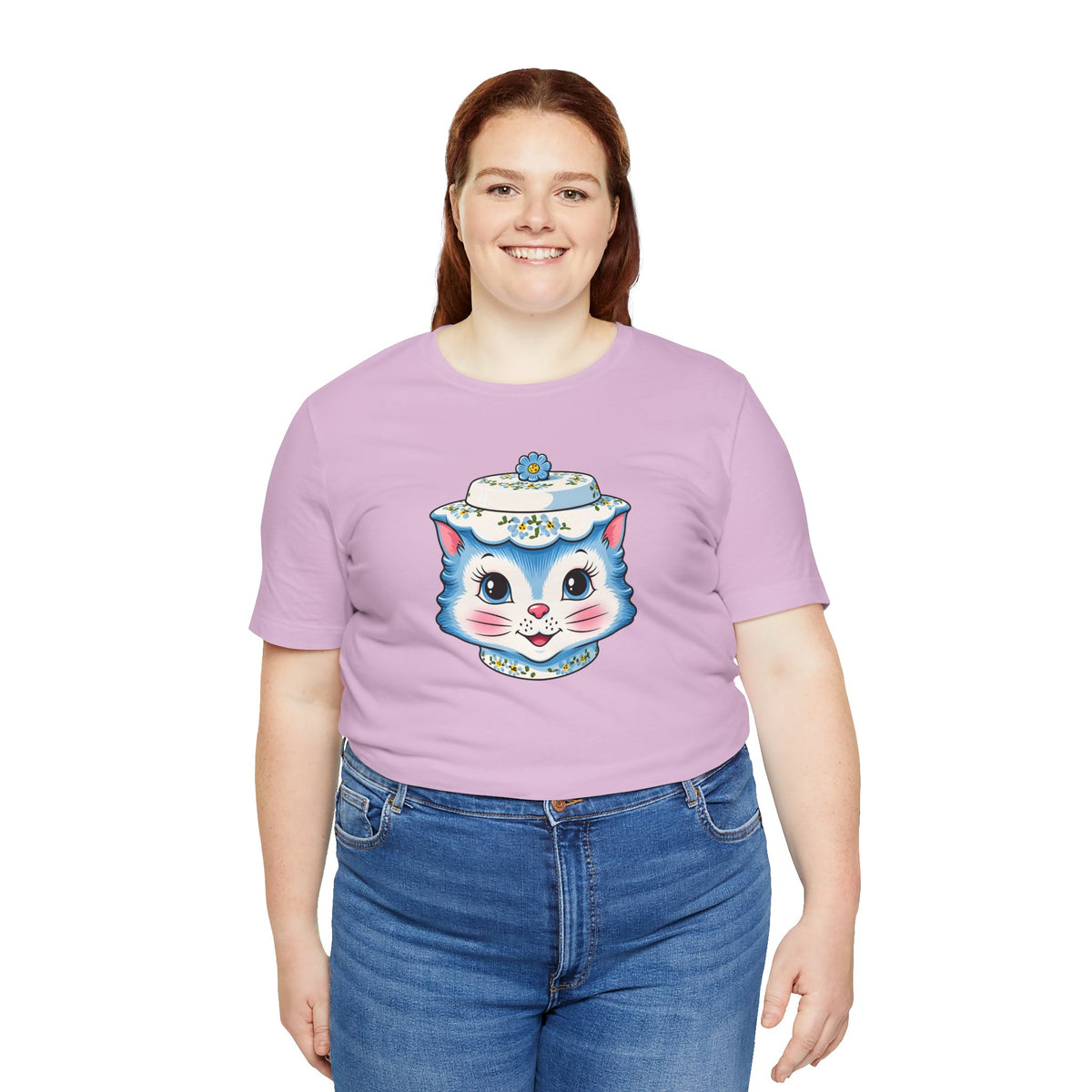 Mid Century Modern Kitschy Anthropomorphic Blue Cat with Floral Hat Unisex T-Shirt