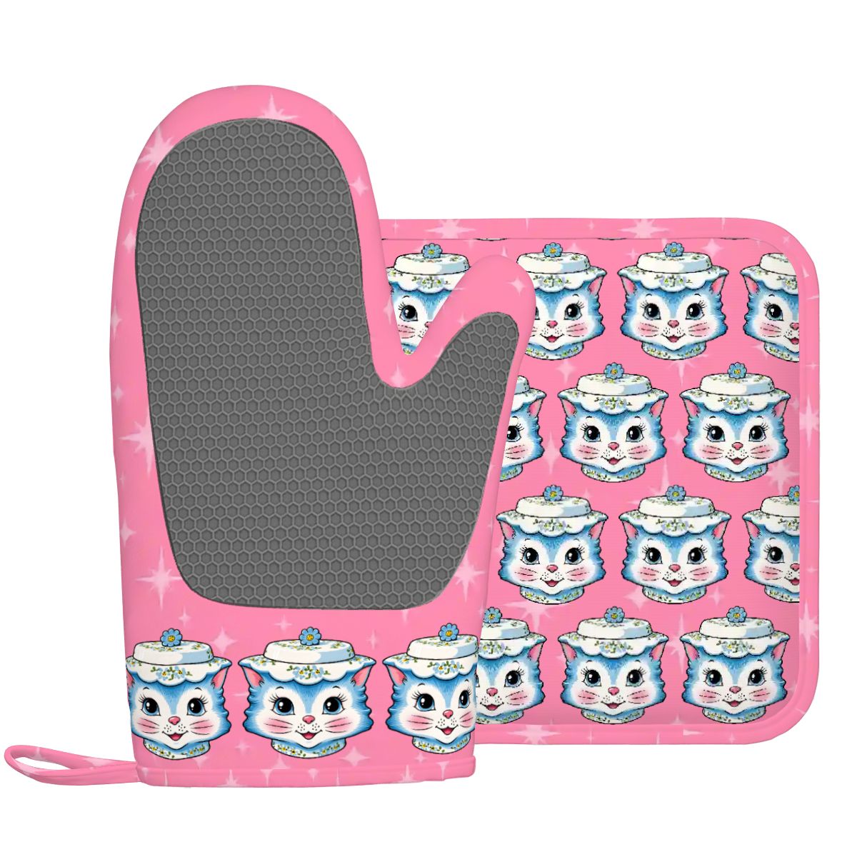 Mid Century Modern Kitschy Anthropomorphic Blue Cat with Floral Hat Silicone Oven Mitts and Pot Holders Sets (Right) - Mid Century Modern Gal