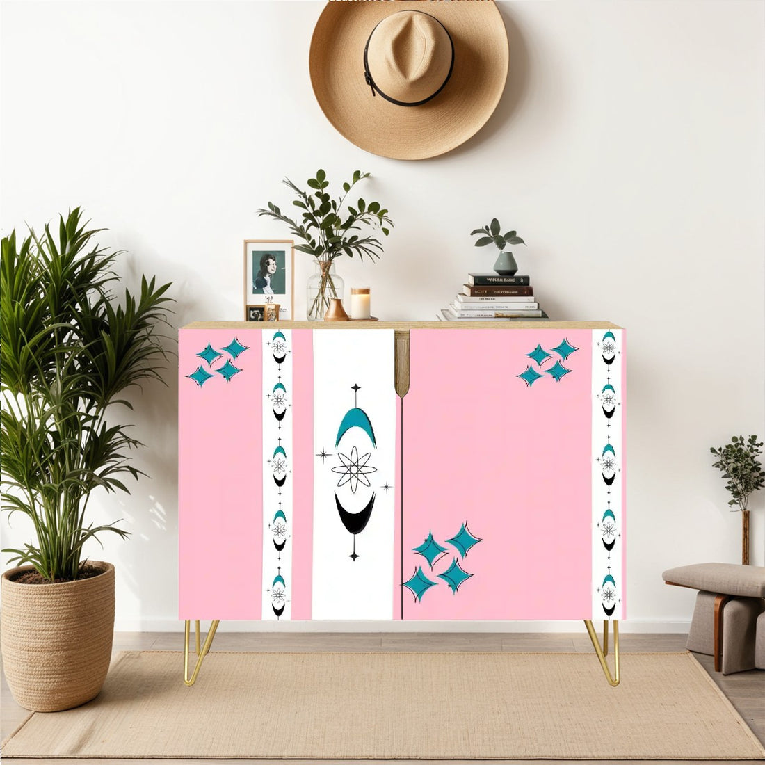Atomic Starbursts, Pink Aqua Mid Century Modern Credenza Sideboard Storage Cabinet - Mid Century Modern Gal