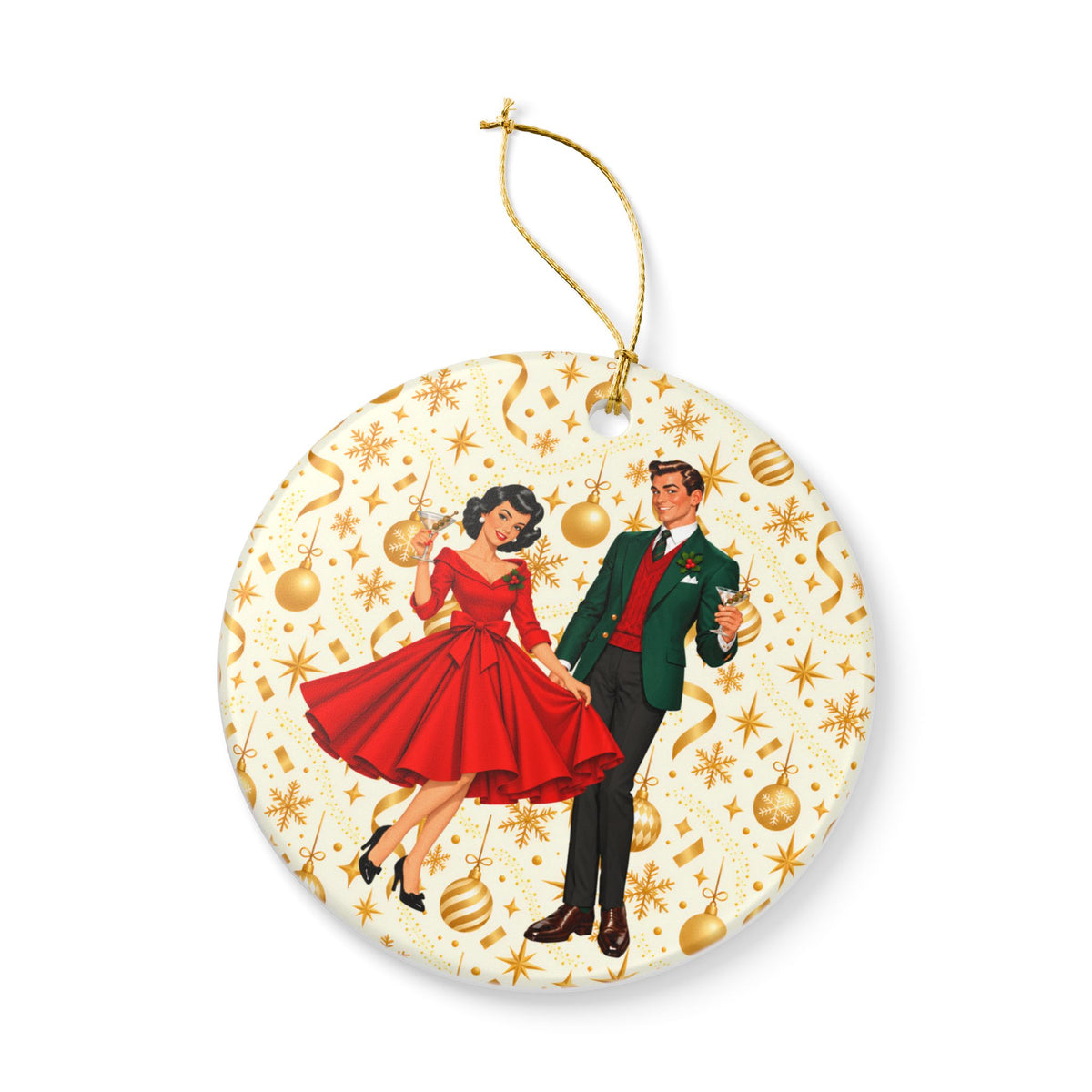 Mid Century Modern Christmas Party Martini Couple Ceramic Christmas Tree Ornament