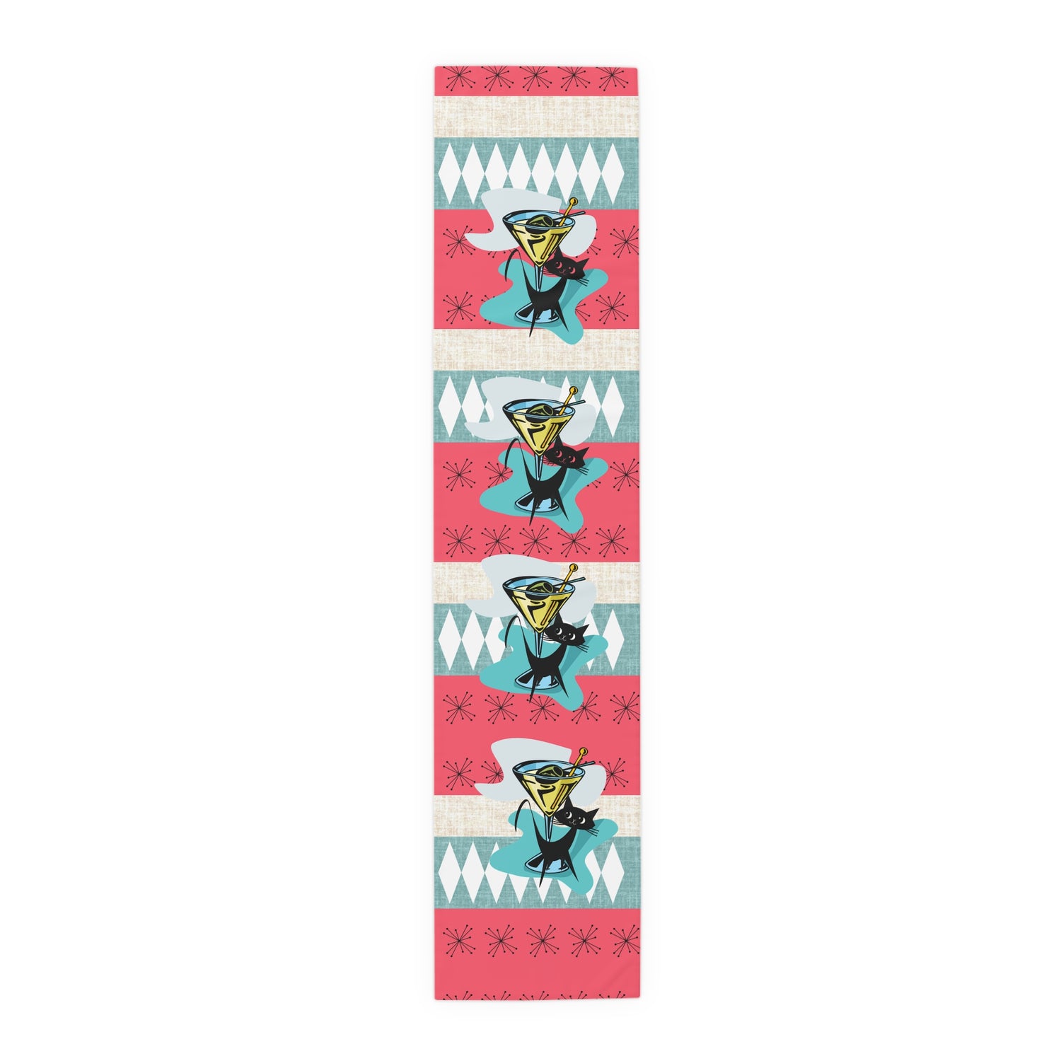Atomic Martini Cat, Mid Mod Coral, Aqua, Starbursts Mid Century Modern Barware Table Runner - Mid Century Modern Gal
