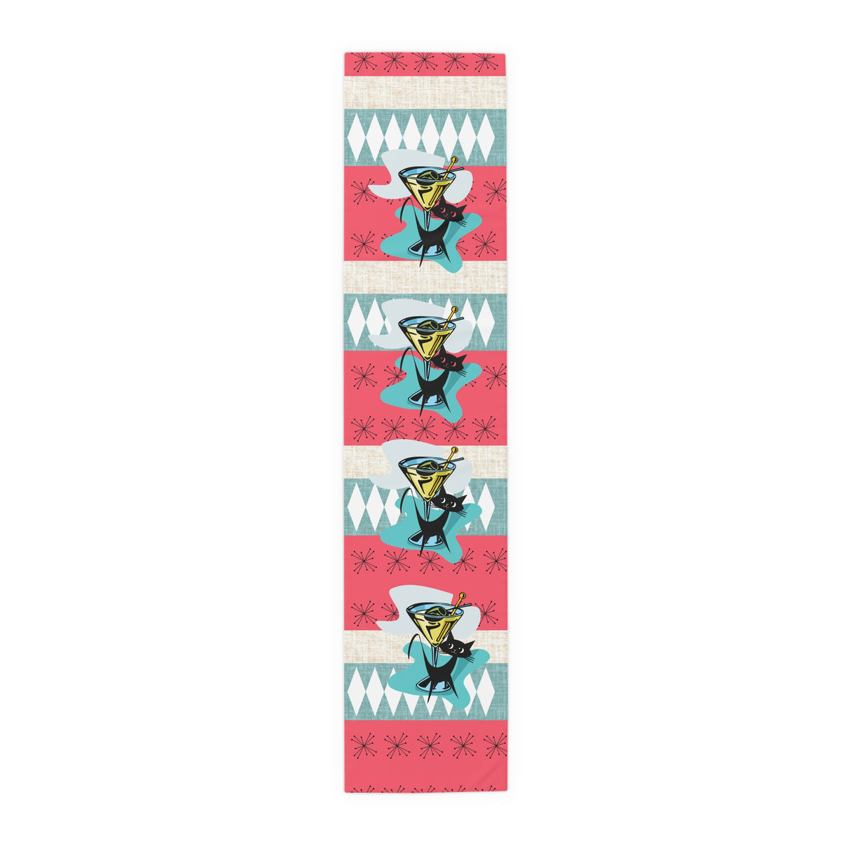 Atomic Martini Cat, Mid Mod Coral, Aqua, Starbursts Mid Century Modern Barware Table Runner - Mid Century Modern Gal