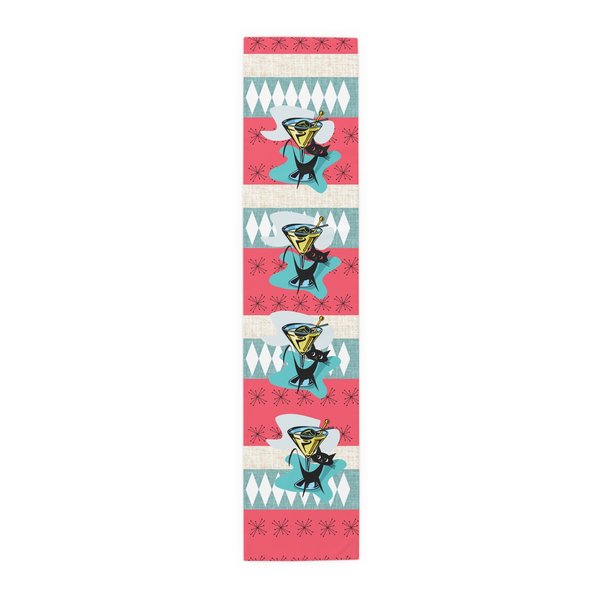 Atomic Martini Cat, Mid Mod Coral, Aqua, Starbursts Mid Century Modern Barware Table Runner - Mid Century Modern Gal
