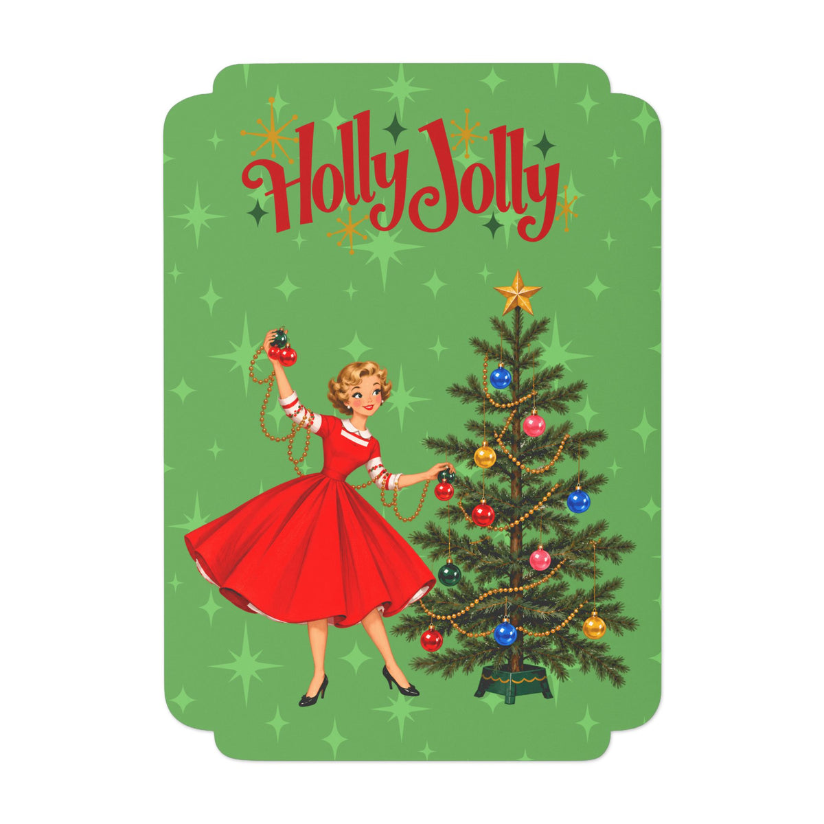 Mid Century Modern Gal Decorating Christmas Tree, Green Atomic Starbursts Flat Postcard Style Christmas Greeting Cards