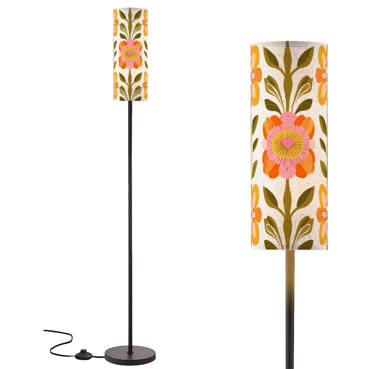 Scandinavian Mid Mod Floral Danish Orange Green Yellow Retro Slim Floor Lamp - Mid Century Modern Gal