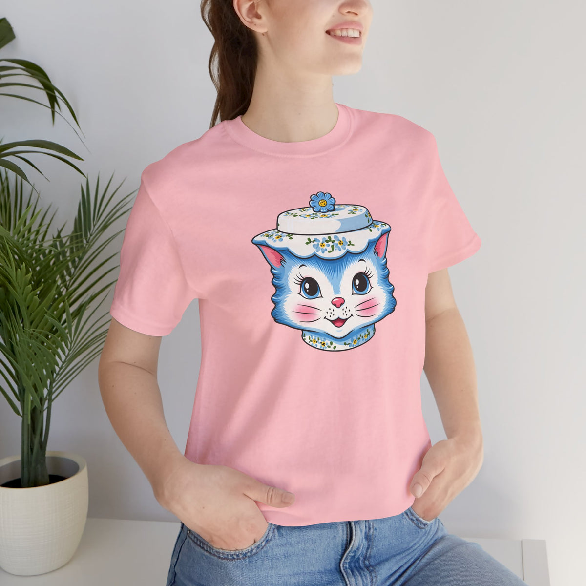 Mid Century Modern Kitschy Anthropomorphic Blue Cat with Floral Hat Unisex T-Shirt