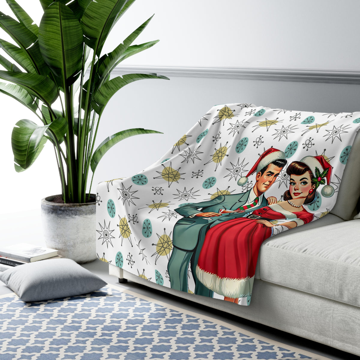 Holiday Cheers, 50s Atomic Style Cozy Kitschy Blanket Gift - Mid Century Modern Gal