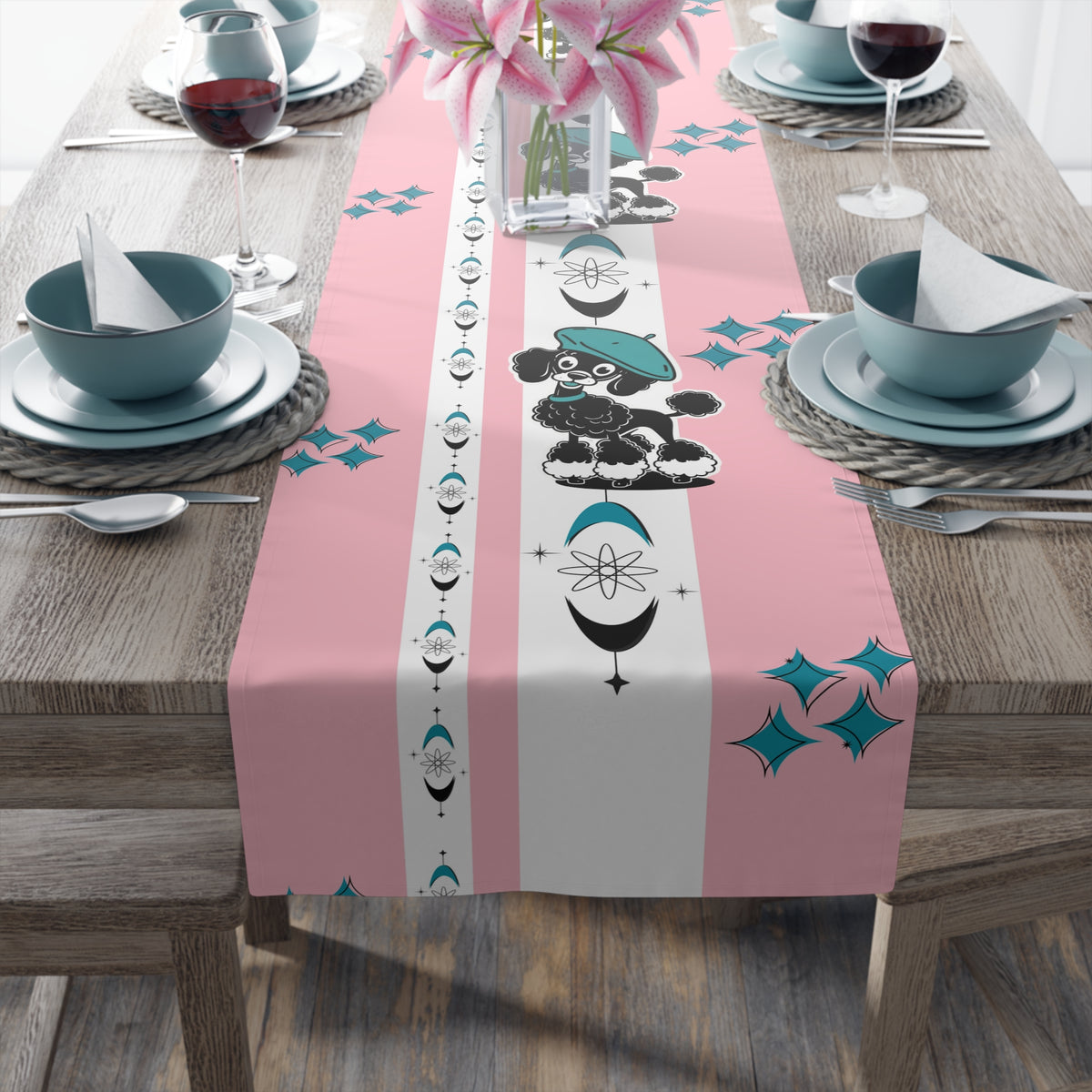 Atomic Poodle Mid Century Modern Pink Whimsical Cosmic Table Runner - Mid Century Modern Gal
