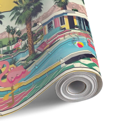 Palm Springs California Flamingo Kitschy Mid Mod Peel And Stick Canvas Self Adhesive Wallpaper - Mid Century Modern Gal