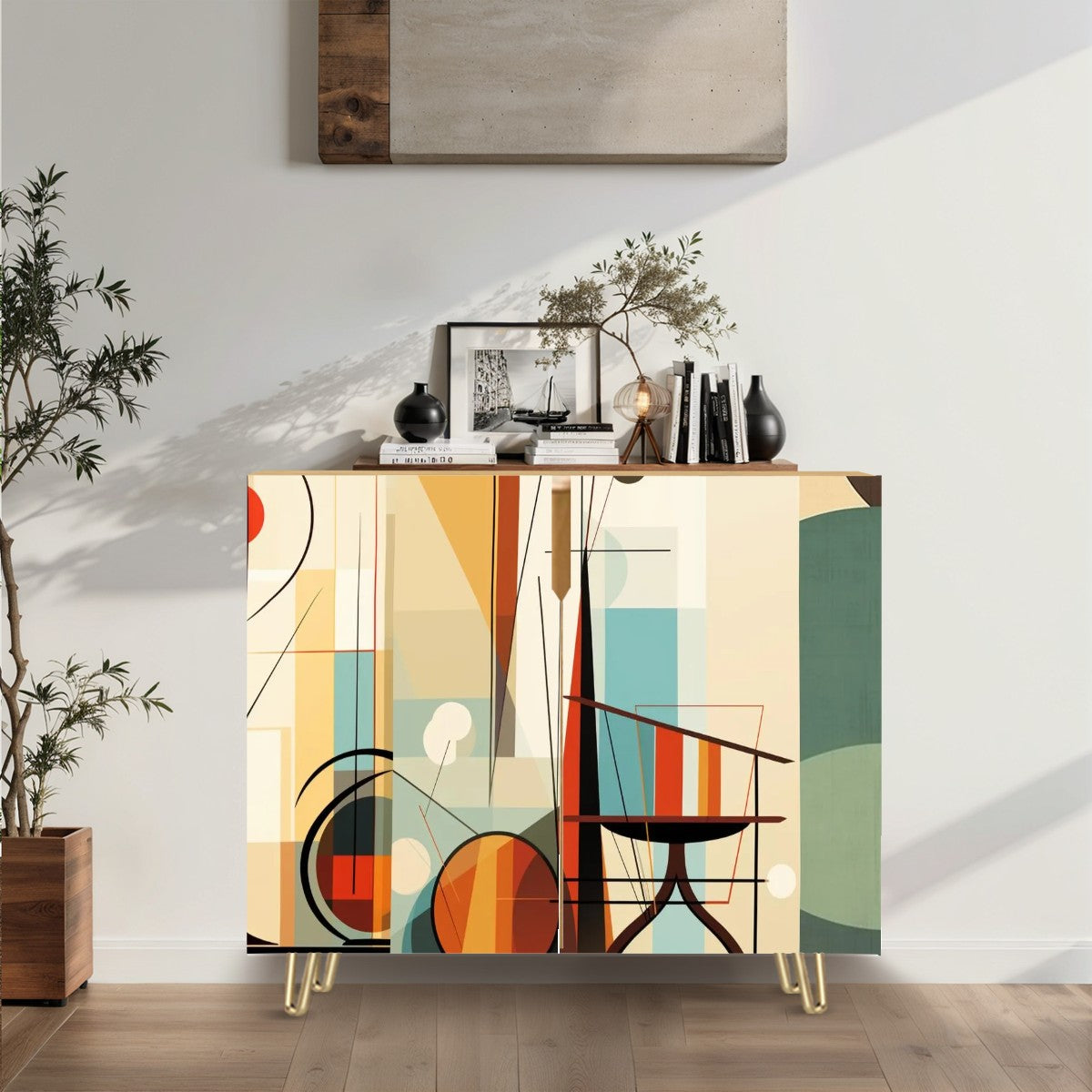 Mid Century Modern Bauhaus Designed Abstract Geometric Wooden Storage Cabinet - Mid Century Modern Gal