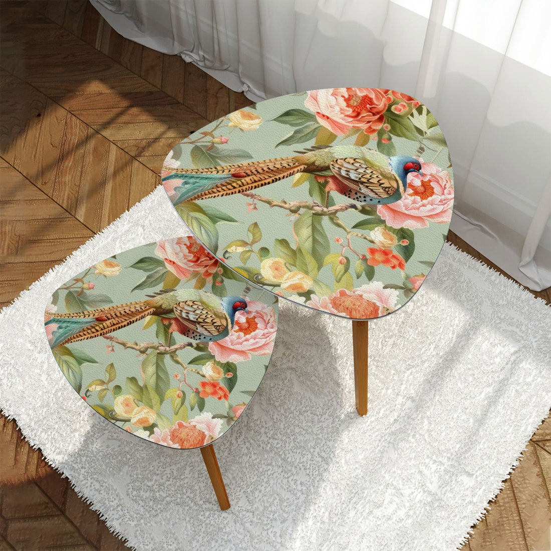 Chinoiserie Pheasant Floral Designed Modern Nesting Tables, Side Tables