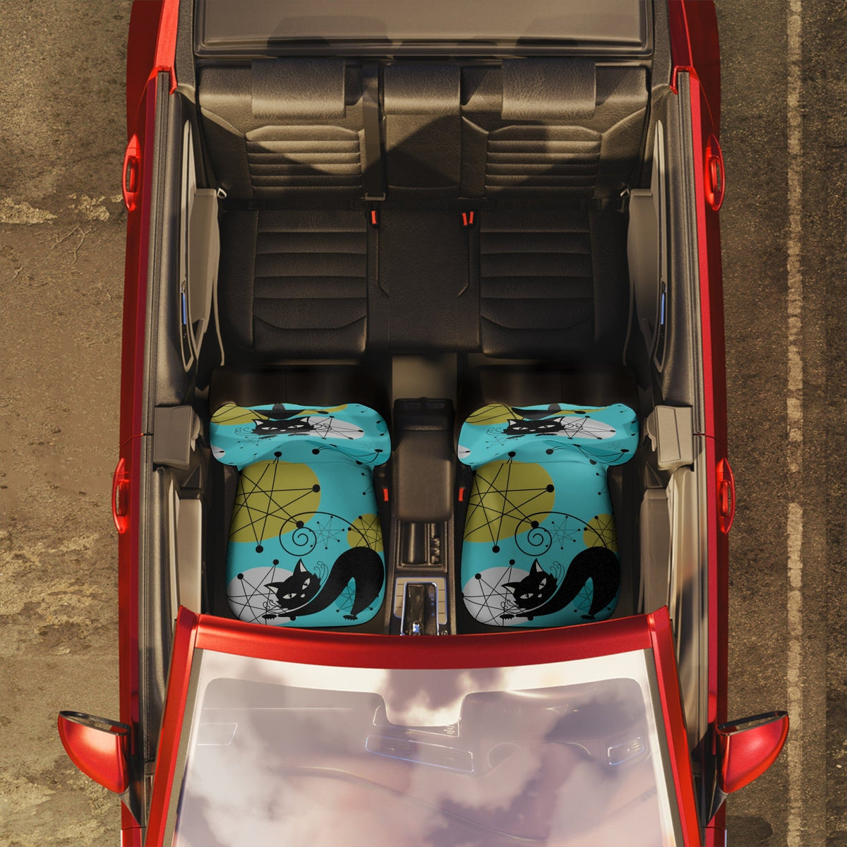 Atomic Cat, Kitschy Crazy Cat Lady, Franciscan Starburst, Aqua, Mid Century Modern, RetroCar Seat Covers All Over Prints 48.03" × 18.50" / Black