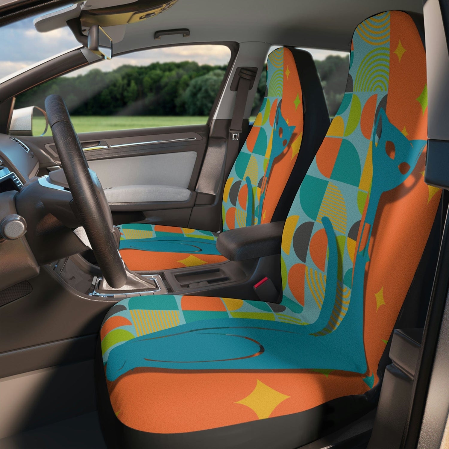 Atomic Cat, Mid Century Modern, Orange, Teal, Starburst, Retro, Fun, Bold, Beautiful Hipster Mod Car Seat Covers All Over Prints 48.03&quot; × 18.50&quot; / Black