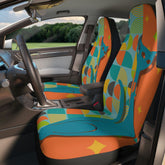 Atomic Cat, Mid Century Modern, Orange, Teal, Starburst, Retro, Fun, Bold, Beautiful Hipster Mod Car Seat Covers All Over Prints 48.03" × 18.50" / Black