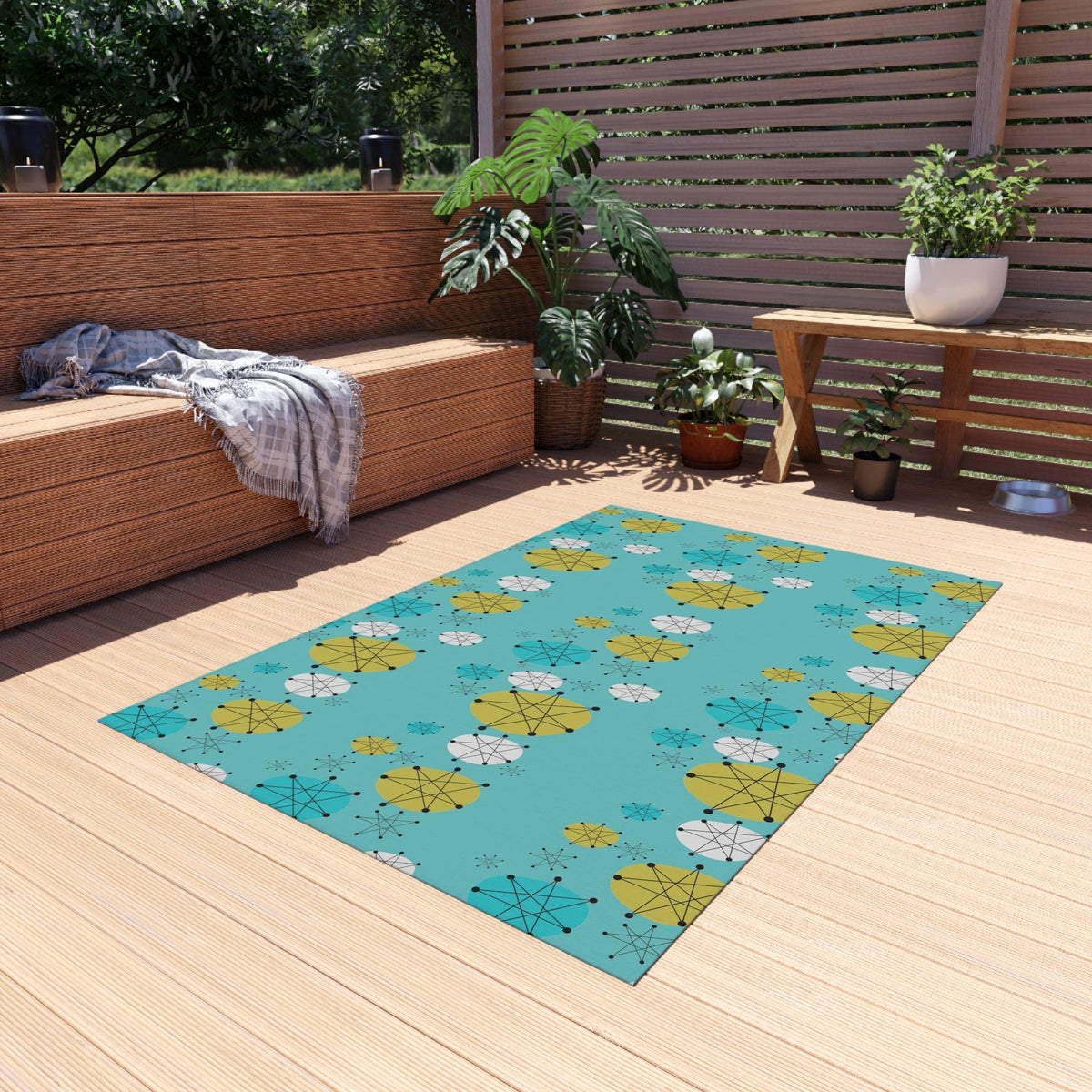Mid Century Modern Design Francsican Starburst Atomic Aqua Blue Patio Rug, 50' Style Palm Beach Cali, Indoor, Outdoor Rug Home Decor 48" × 72"