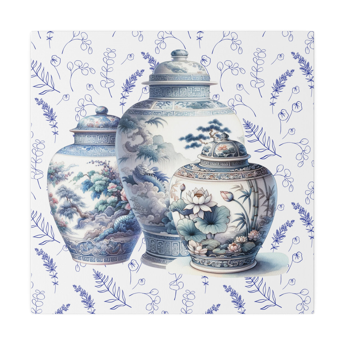 Chinoisere Wall Art, Set Of Three Ginger Jars In Watercolor, Pastels, Southern Home Living, Matte Canvas - Mid Century Modern Gal