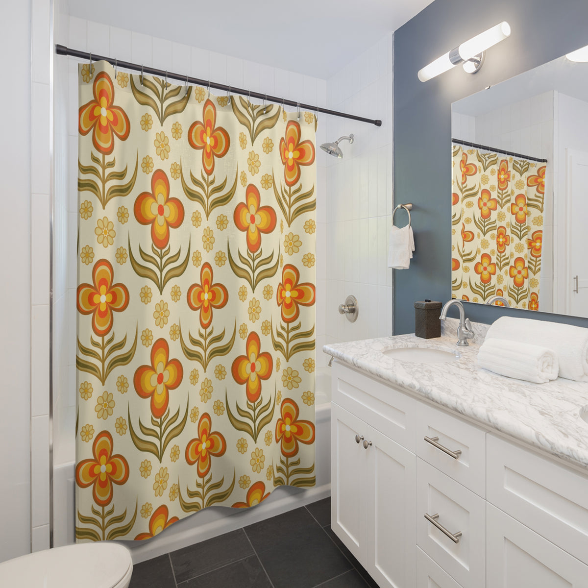 1970s Print Shower Curtain, Flower Power Groovy Retro Bath Decor - Mid Century Modern Gal