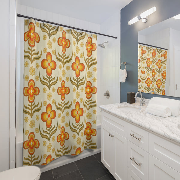 1970s Print Shower Curtain, Flower Power Groovy Retro Bath Decor