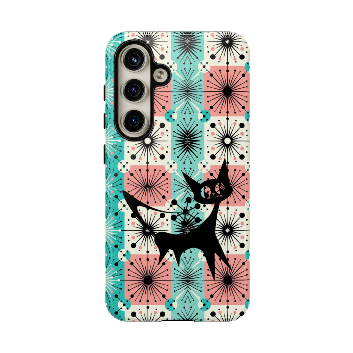 Atomic Kitschy Cat, Mid Century Modern Pink, Aqua Starbursts Tough Phone Case