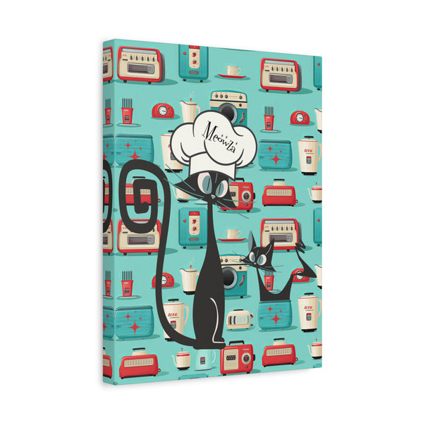 Atomic Cat Kitchen Wall Art, Aqua Blue, 50s Retro Style Kitschy Kitchen Wall Art Canvas