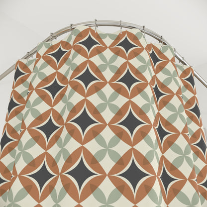 Mid Century Modern Interlocking Geometric, Terracotta Sage Charcoal Shower Curtain - Mid Century Modern Gal