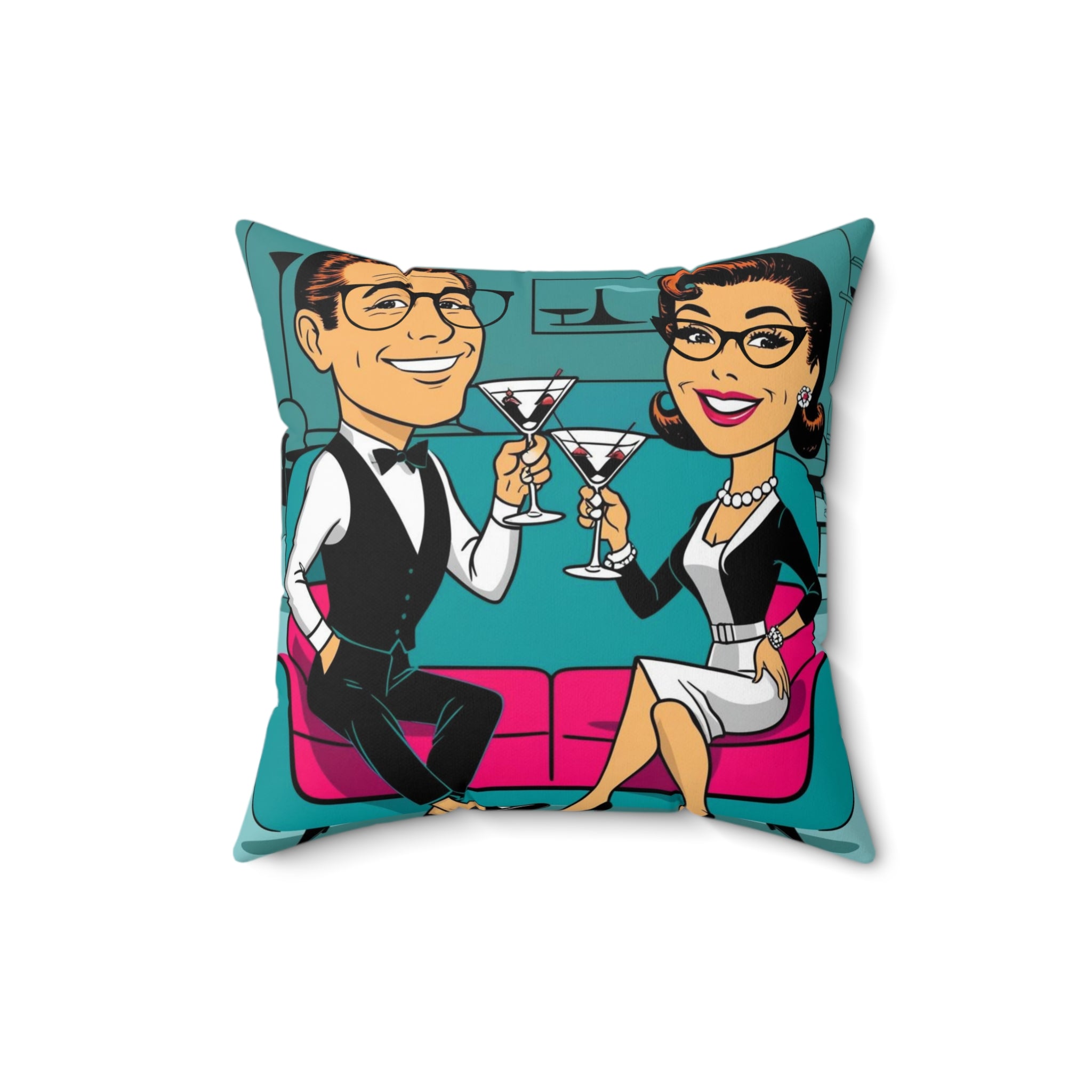 Mid Century Modern Kitschy Couple Cheers to Love Decorative Pillow - Vintage Style Couple with Cocktails - Mid Century Modern Gal