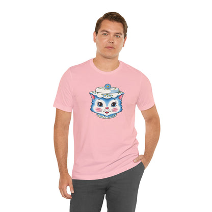 Mid Century Modern Kitschy Anthropomorphic Blue Cat with Floral Hat Unisex T-Shirt