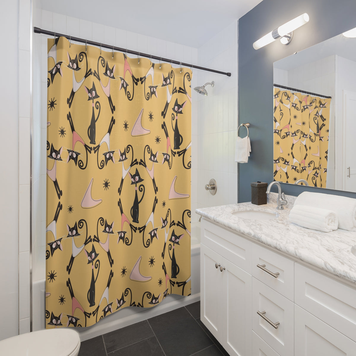Atomic Cat Shower Curtain, Cat Mom Gifts, Black Cat Lover, Mid Century Modern Atomic Boomerangs, Mustard Yellow, MCM Bath Decor - Mid Century Modern Gal