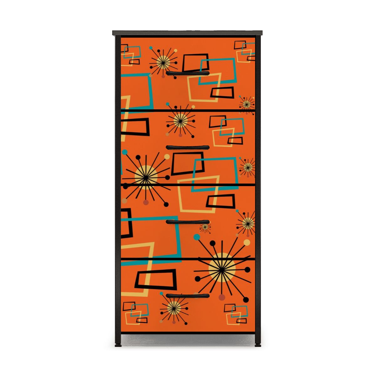 Mid Century Modern Sinatra Orange, Starburst, Geometric Funky Fun 4-Drawer Dresser - Mid Century Modern Gal