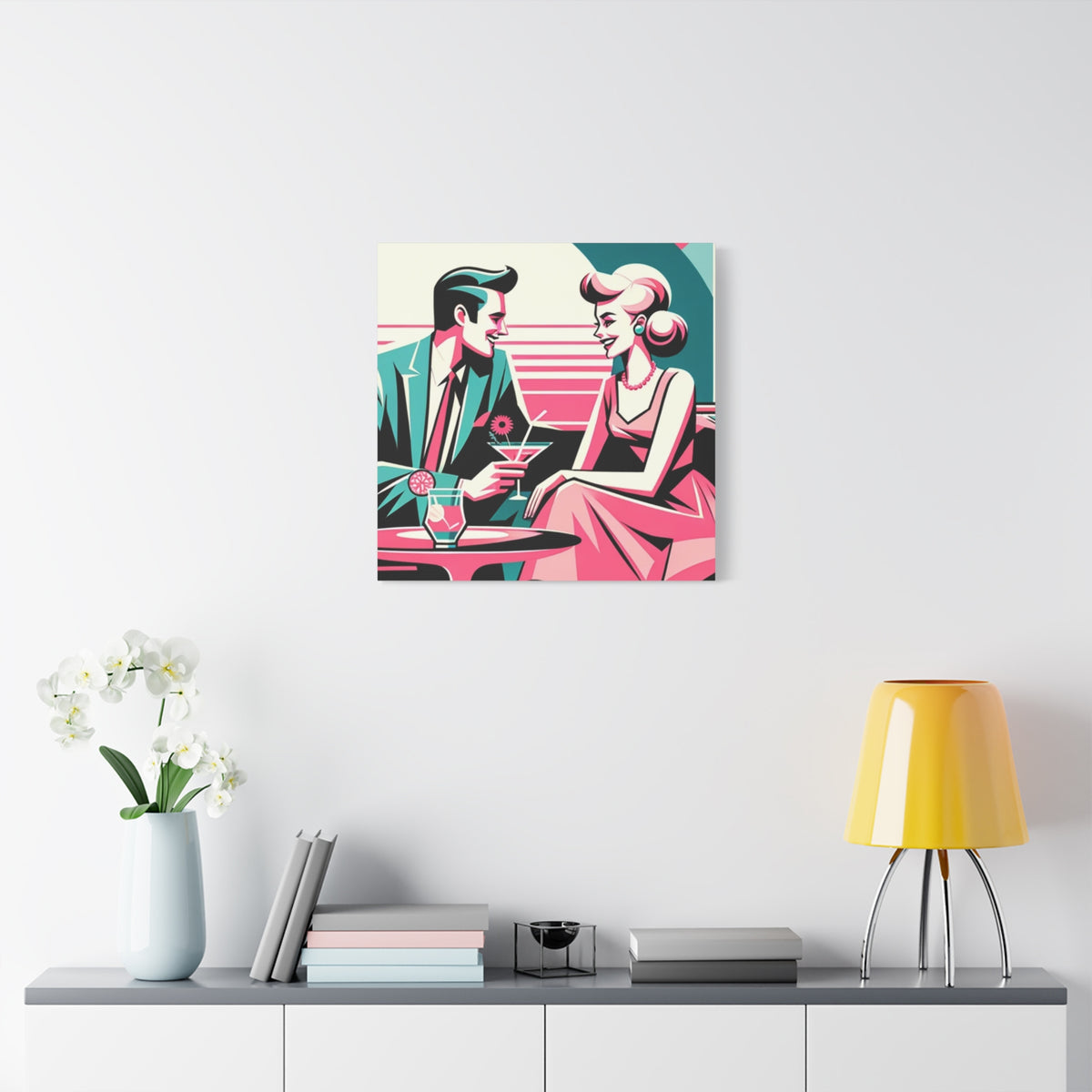 Mid Mod Retro Romance Pink, Aqua Teal Kitschy Mod Wall Art - Vintage Couple Design - Mid Century Modern Gal