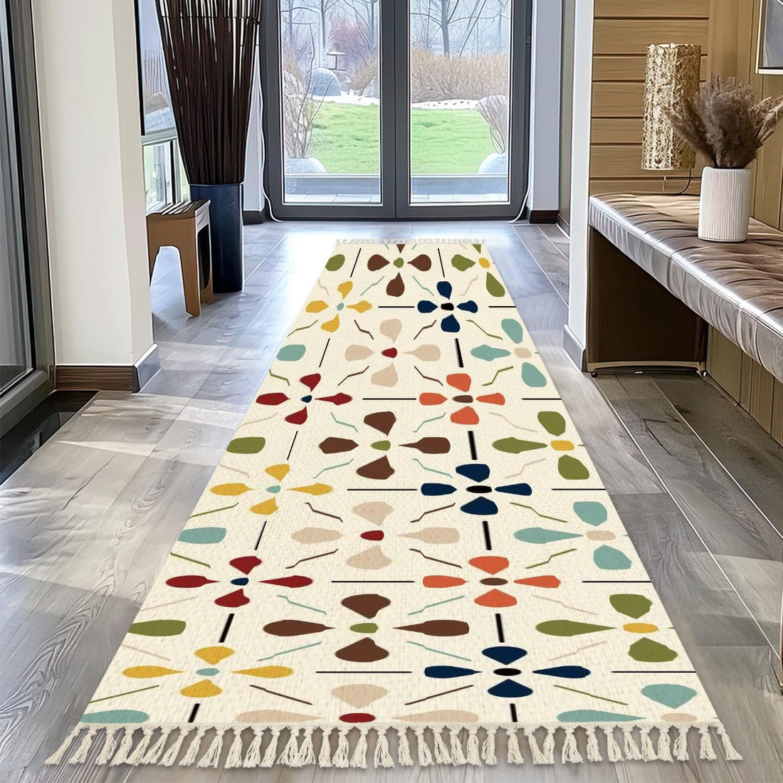 Scandinavian Modern Danish Floral Modern Rug Runner With Tassels - Mid Century Modern Gal