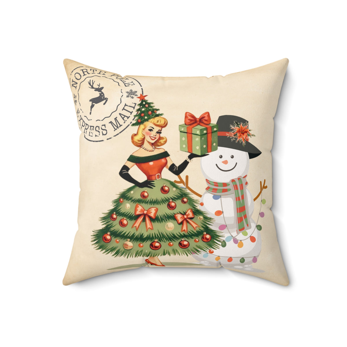 Vintage Christmas Pillow - Retro Santa with Snowman Design - Mid Century Modern Gal