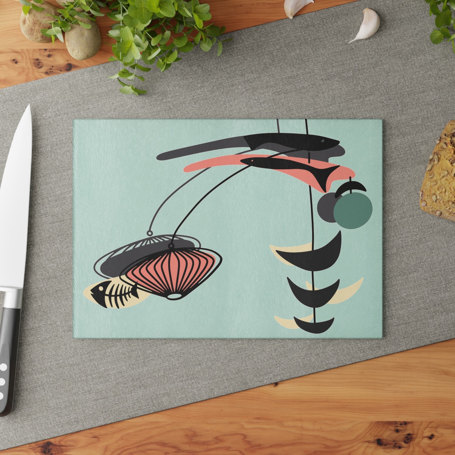 Atomic Mid Century Modern Fish Art, Modern Abstract Glass Cutting Board - Stylish Kitchen Decor - Mid Century Modern Gal